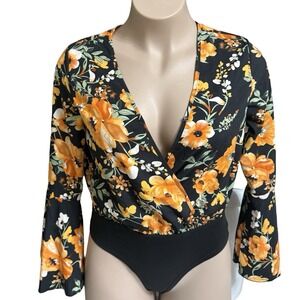 SHEIN Sexy Floral Wrap Top Body-Suit Medium Black Orange Bell Sleeves
